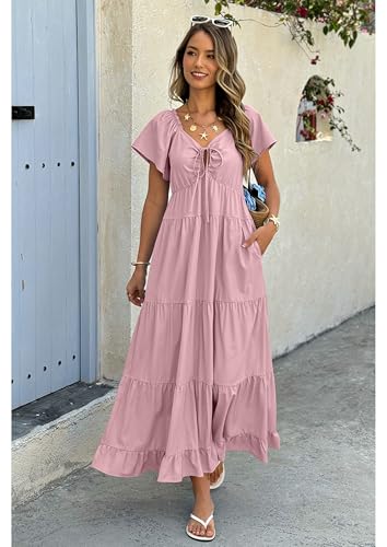 ECOWISH Womens Summer Maxi Dress 2026 Flutter Short Sleeve V Neck Tie Front Wedding Guest Vacation Tiered Flowy Dresses - color: Pink, size: Medium