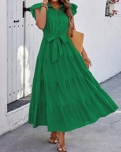 dowerme Women Ruffle Sleeve Button Belted Boho Maxi Dress - color: Bright Green, size: Large