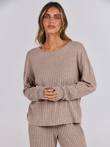 ANRABESS Women 2 Piece Lounge Pajamas Sets Casual Fall Outfits - color: Khaki, size: Large