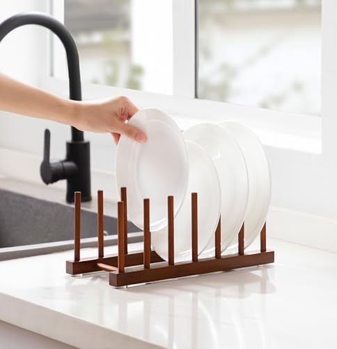 HBlife 4 Packs Teak Wooden Dish Drying Rack Kitchen Plate Organizer Holder - color: Teak 6 Slots 4pcs