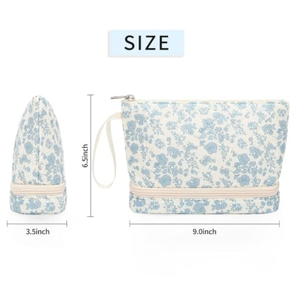 Small Makeup Bag 2 Layers Travel Cosmetic Bag with Makeup Brush Compartment - color: 02-blue flower
