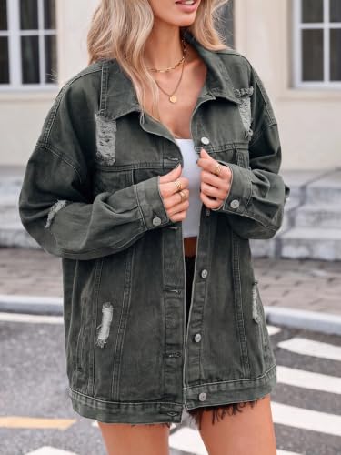 LifeShe Women's oversized Jean Jacket distressed denim Coat with Pockets - color: Green, size: Small