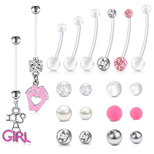 Longita Plastic Pregnancy Belly Button Rings Long Bar Navel Rings for Maternity Sport Pregnant Women Flexible Clear Belly Piercing Retainer Different Length bar and Balls for Replacement 10-32mm - color: Pink - 25mm
