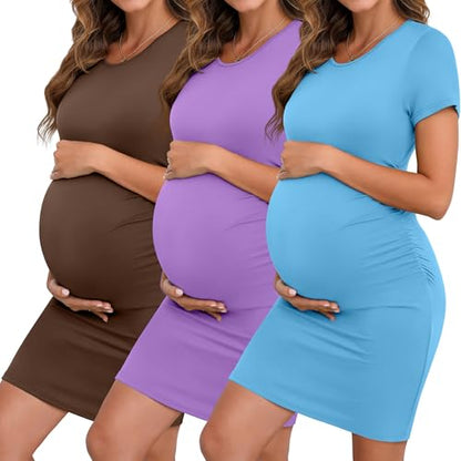 Riyiper 3 Pack Womens Maternity Short Sleeve Dresses - color: Light Blue, Light Purple, Coffee, size: Medium