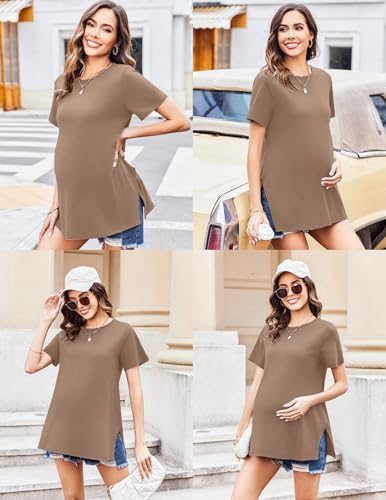 Ekouaer 3 Pack Maternity Shirts Short Sleeve Pregnancy Tops Summer Clothes - color: Khaki/Black/White, size: Large