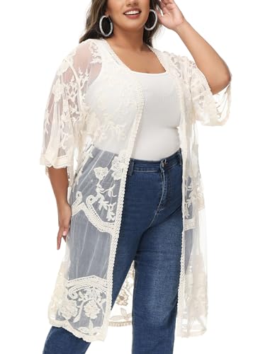 Anna-Kaci Women's Plus Size Lace Cardigan Embroidered Long Kimono Dusters with Half Sleeves - color: Beige, size: X-Large-XX-Large
