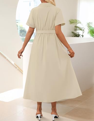 ZESICA Women's Summer Button Down Short Sleeve Midi Dress - color: Natural, size: Small