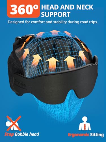 SARISUN Travel Pillow for Car Trip Head Strap for Headrest with 3D Eye Mask - color: Black-for Car Seat