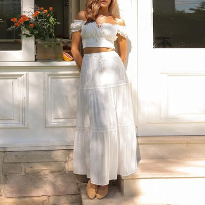 Womens Two Piece Summer Boho Outfit Off Shoulder Crop Top Maternity High Waist Maxi Skirt Beachear - color: White, size: Medium