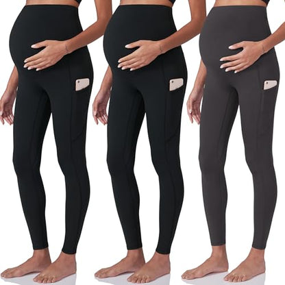 POSHDIVAH 3 Pack Women's Maternity Leggings Yoga Pants with Pockets - color: 3 Pack Black Black Grey, size: Small