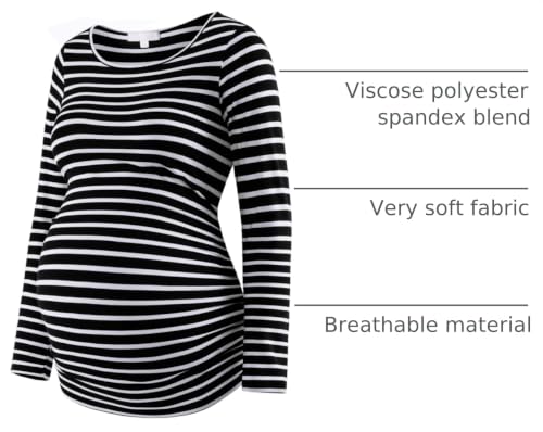 Maternity Shirt Long Sleeve Basic Top Ruch Sides Bodycon Tshirt for Pregnant Women - color: Black and White Stripe, size: XX-Large