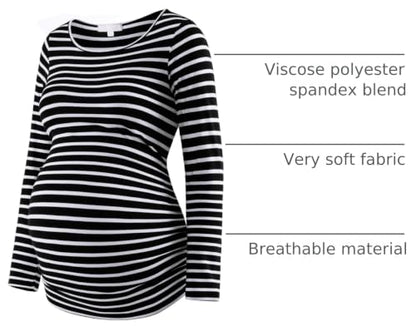 Maternity Shirt Long Sleeve Basic Top Ruch Sides Bodycon Tshirt for Pregnant Women - color: Black and White Stripe, size: Large