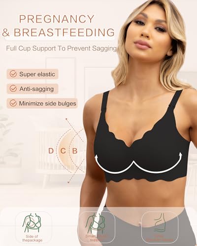 As Fairy Scalloped Nursing Bra Wireless Jelly Support Maternity Bra - color: Black, size: Medium