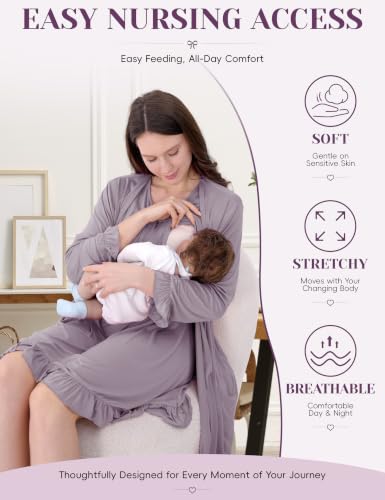 Maternity Nursing Gown & Robe Set, Ruffle Labor Delivery Nightgowns - color: Dust Purple, size: Medium
