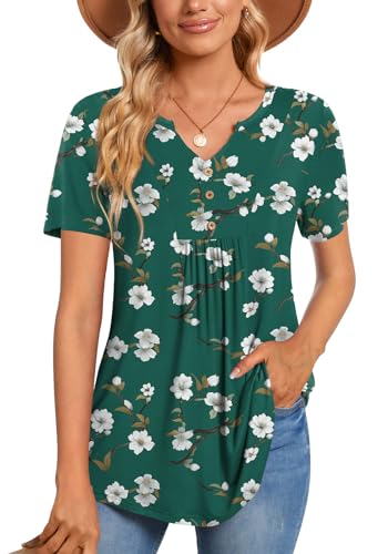 CATHY Womens Short Sleeve Tunic Tops Henley Shirt V Neck Button Up Blouse Casual Pleated Basic Pullover - color: Begonia+dark Green, size: Medium