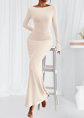 PRETTYGARDEN Women's Fall Long Sleeve Bodycon Maxi Dresses - color: Beige, size: X-Small