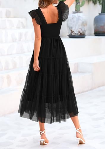 PRETTYGARDEN Women's Summer Smocked Midi Tulle Dress - color: Black, size: Large