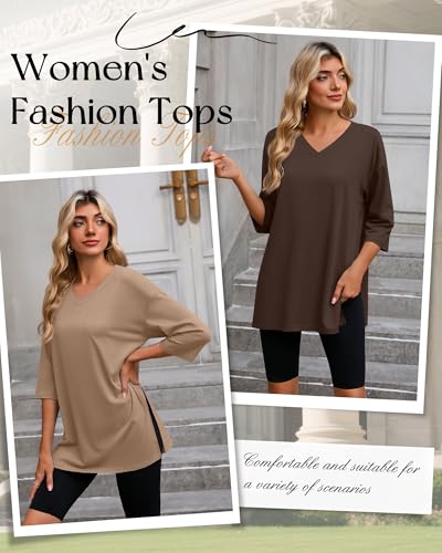 Huukeay 3 Pack Womens 3/4 Sleeve Oversized Tops - color: Dark Brown, Coffee, Gray Khaki, size: Medium