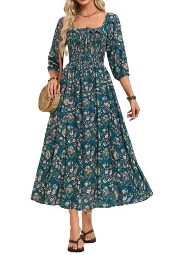 Kate Kasin Womens Summer Fall Boho Maxi Wedding Guest Dresses with Pockets - color: Emerald Green Floral, size: X-Large