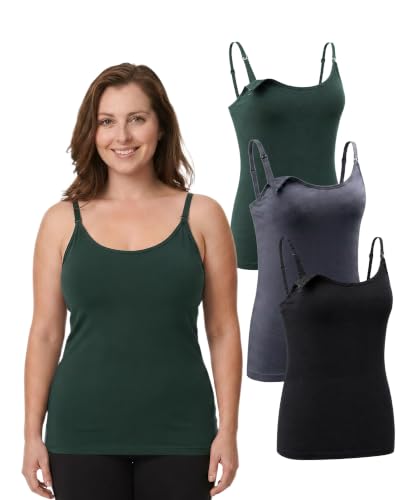 Under Control 3-Pack 76% Premium Modal Nursing Cami Tank Tops with Built-in Bra, Breastfeeding Maternity Camisole Tops - color: Black/Green/Dark Grey, size: Medium