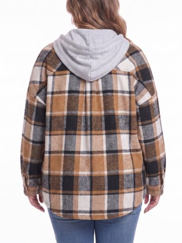 OLRIK Women's Plus Size Hooded Flannel Shacket Zip Up Jacket - color: Black Caramel Beige, size: 1X
