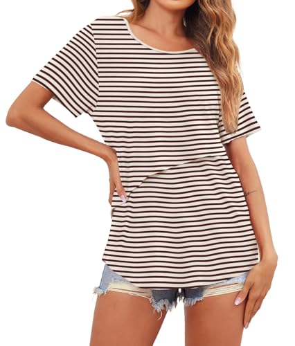 3 Pack Women Nursing Tops Short Sleeve Breastfeeding Shirts Maternity Tees - color: 3pcs- Black + Brown + Stripe Brown, size: Medium