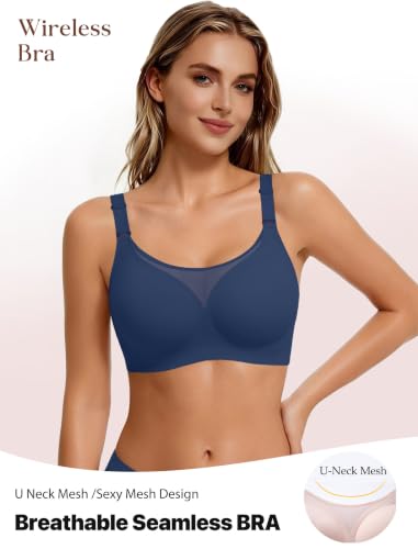 Avidlove Wireless Bras for Women Seamless Full Coverage Bra Mesh Comfy Bralette Tshirt Everyday Bras - color: Deep Blue, size: Medium