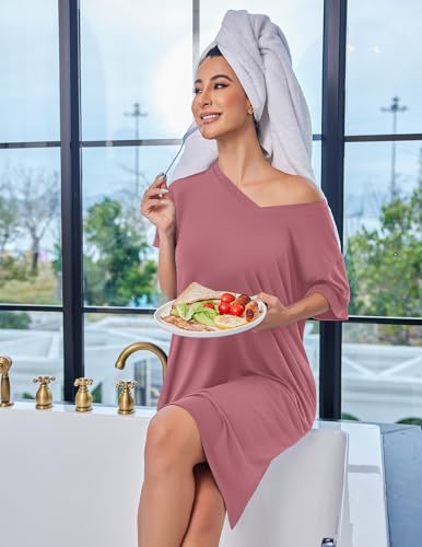 Ekouaer Womens Plus Size Nightgown Bamboo Viscose Short Sleeve Sleepshirt - color: Pink, size: 5X-Large
