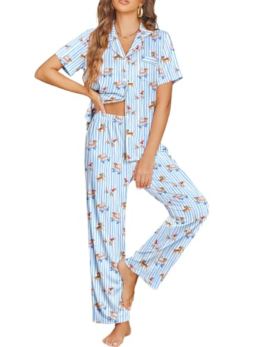 Ekouaer Womens Pajama Sets Button Down Lounge Sets 2 Piece Short Sleeve Pjs - color: Blue Stripe, size: X-Large