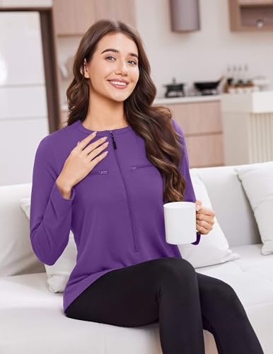 Deyeek Women's Long Sleeve Chemo Shirts Port Access Chemotherapy Apparel - color: Dark Purple, size: Small