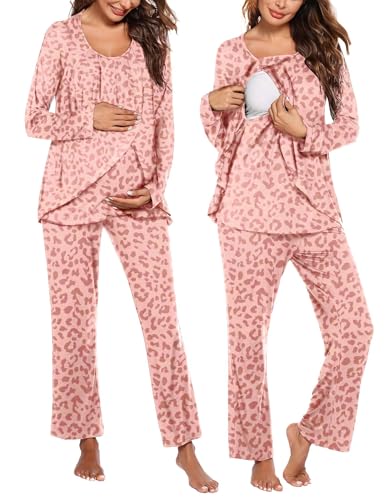 Ekouaer Maternity Nursing Pajama Set Long Sleeve Breastfeeding Sleepwear - color: Leopard Pink, size: X-Large