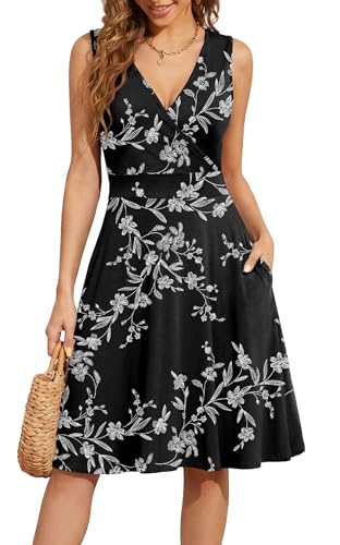 WEACZZY Women Summer V Neck Sleeveless Dress with Pockets Beach Sundress - color: White Black, size: Medium