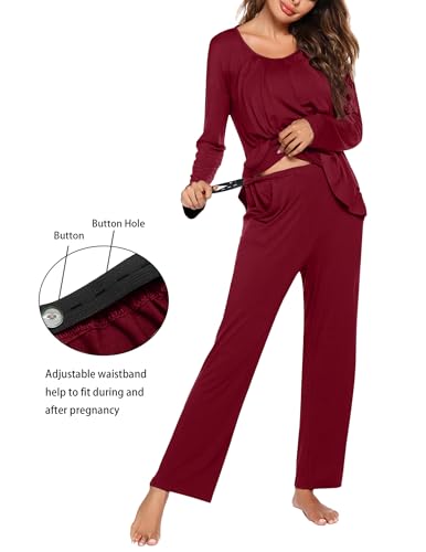 Ekouaer Maternity Nursing Pajama Set Long Sleeve Breastfeeding Sleepwear - color: A Wine Red, size: Large