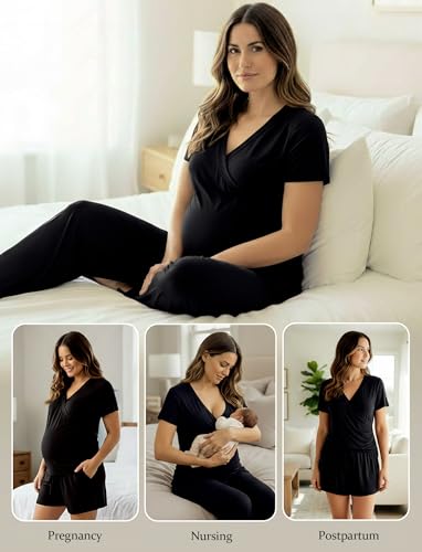 PATPAT 3-Piece Maternity Nursing Pajamas, Womens Lounge Set with Pockets - color: Black, size: Large
