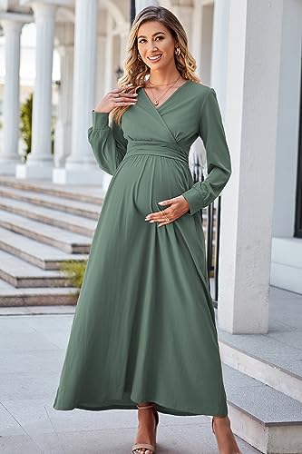 OUGES Women's Wrap Pregnancy Maxi V Neck Fall Baby Shower Maternity Dress - color: Gray Green, size: Large