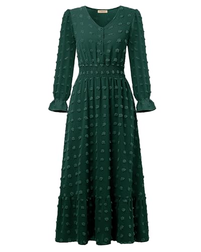 CzzzyL Women Nursing Boho Maxi Dress Swiss Dot Smocked with Pockets - color: Deepgreen, size: Medium