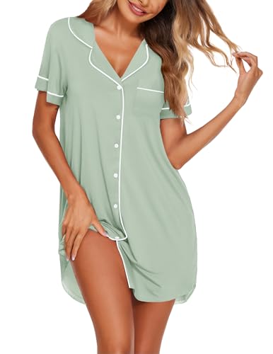 Ekouaer Nightgowns for Women Bamboo Viscose Button Down Sleepshirts - color: Light Green, size: Large