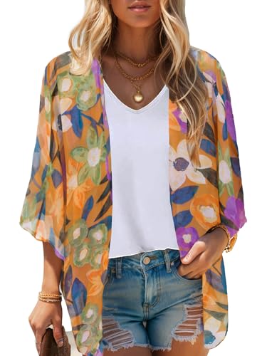 Moss Rose Women's Beach Kimono Coverup Sheer Chiffon Open Front Cover Ups - color: Orange Flora