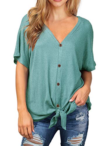 IWOLLENCE Women's Waffle Knit Tunic Blouse Tie Knot Short Sleeve Henley Tops Loose Fitting Bat Wing Shirts - color: C-blue Green, size: Large