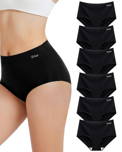 Womens Underwear Seamless Full Coverage Breathable Briefs No Show Silky Stretch High Waisted Ladies Panties 6 Pack - color: Black, size: X-Large