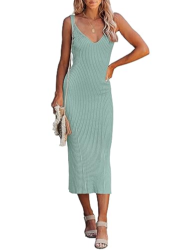 MEROKEETY Womens Summer Bodycon Deep V Neck Sleeveless Knit Midi Dress 2026 - color: Sage, size: Medium