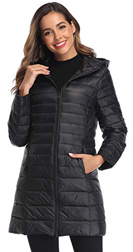 Obosoyo Women's Winter Packable Down Jacket Plus Size Ultralight Long Down Outerwear Puffer Jacket Hooded Coat - color: Black, size: XX-Large