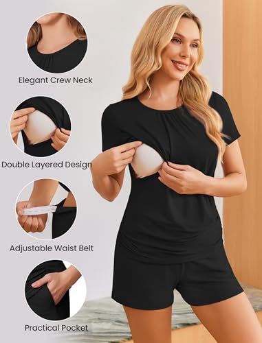 Ekouaer Maternity Nursing Pajamas Set 3 Piece Postpartum Breastfeeding Pjs - color: Black, size: Medium