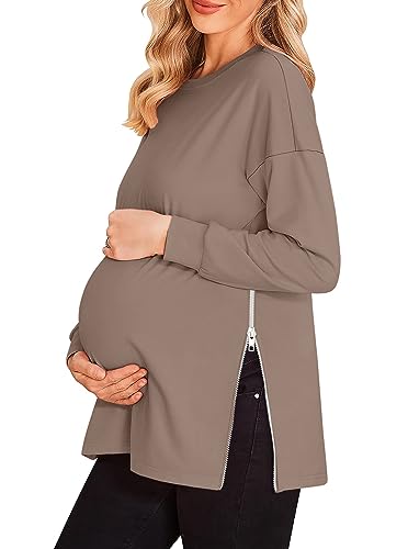 Women's Maternity Shirts Long Sleeve Sweatshirt Zipper Split Side Pregnancy Casual Tunic Top - color: Brown, size: Medium