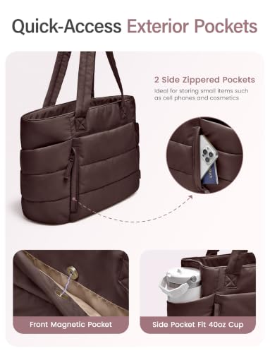 Uselike Tote Bag for Women with Zipper, Quilted Puffer Tote Bag with Compartments, Lightweight Puffy Work Bags for Women - color: Dark Brown