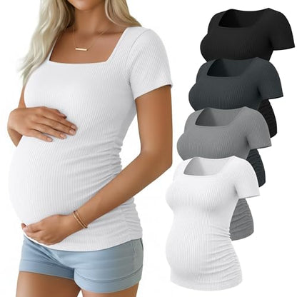Huukeay 4 Pack Women's Short Sleeve Maternity Shirts - color: Black, Dark Gray, Light Gary, White, size: Medium