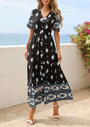 PRETTYGARDEN Womens Short Sleeve Boho Maxi Dress - color: Black White Flower, size: Medium
