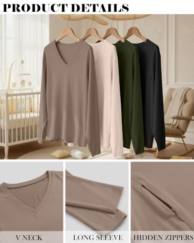 4 Pack Women's Long Sleeve Nursing Maternity Shirts - color: Black, Army Green, Cream, Light Khaki, size: Small