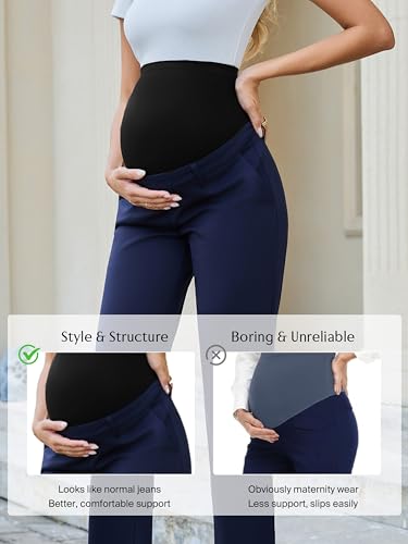 Ecavus Women's Maternity Work Pants with Seamless Over Belly Waistband - color: Navy-regular, size: Large