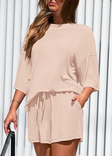 KIRUNDO 2 Piece Sets for Women Summer Lounge Sets Casual - color: Beige, size: Small